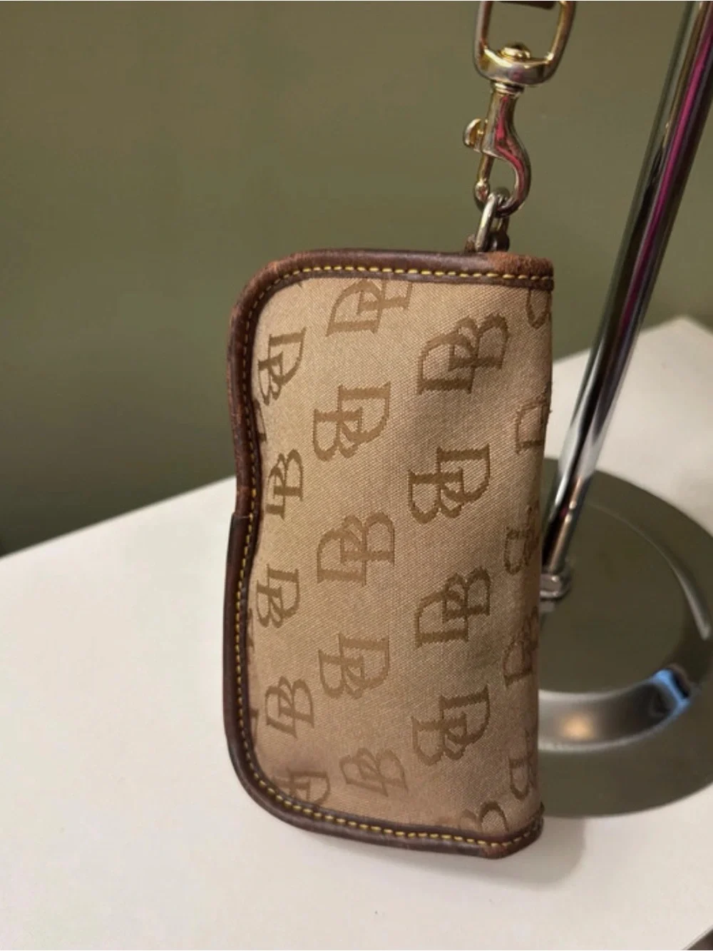 Dooney & Bourke Tan Brown Signature Monogram Mini Wristlet Leather Strap & Trim